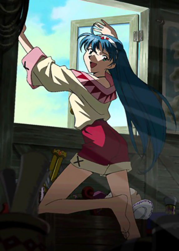 A blue haired girl opening a window and looking over her shoulder at the viewer